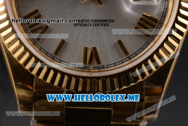 Rolex Day-Date Clone Rolex 3255 Automatic Yellow Gold Case/Bracelet with Silver Dial and Roman Numeral Markers - Click Image to Close
